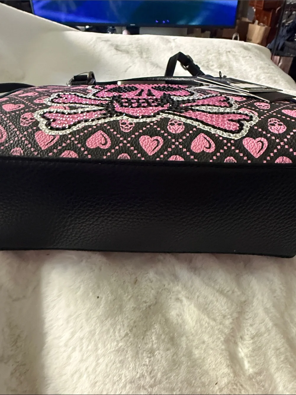 Ed Hardy Black and Pink Rhinestone Skull Satchel